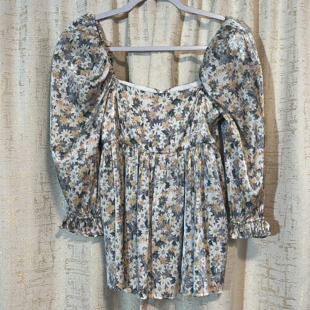 Storia Floral Puff Sleeve Top Blouse Women's S Multicolor Metallic Summer Garden